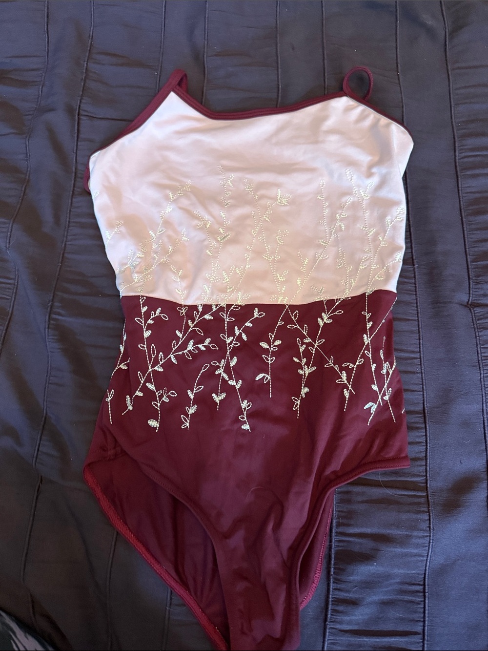 Burgundy and Light Pink Floral Embroidered Leotard